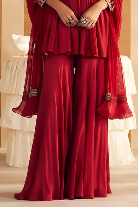 Shop Ridhi Mehra Red Silk, Net Gota Patti, Pearls, Qasida Gulbahar Embroidered Short Anarkali Set Online at Aza Fashions Shop_Ridhi Mehra_Red Silk, Net Gota Patti, Pearls, Qasida Gulbahar Embroidered Short Anarkali Set _Online_at_Aza_Fashions