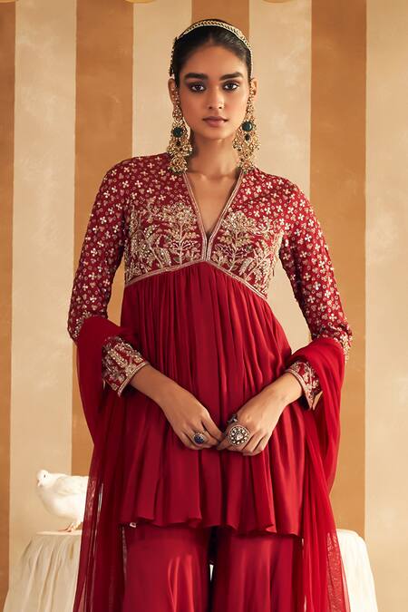 Ridhi Mehra Red Silk, Net Gota Patti, Pearls, Qasida Gulbahar Embroidered Short Anarkali Set at Aza Fashions Ridhi Mehra_Red Silk, Net Gota Patti, Pearls, Qasida Gulbahar Embroidered Short Anarkali Set _at_Aza_Fashions