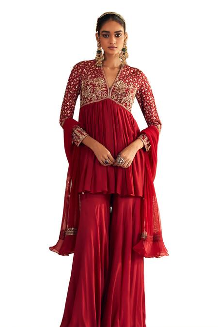 Buy Ridhi Mehra Red Silk, Net Gota Patti, Pearls, Qasida Gulbahar Embroidered Short Anarkali Set Buy_Ridhi Mehra_Red Silk, Net Gota Patti, Pearls, Qasida Gulbahar Embroidered Short Anarkali Set