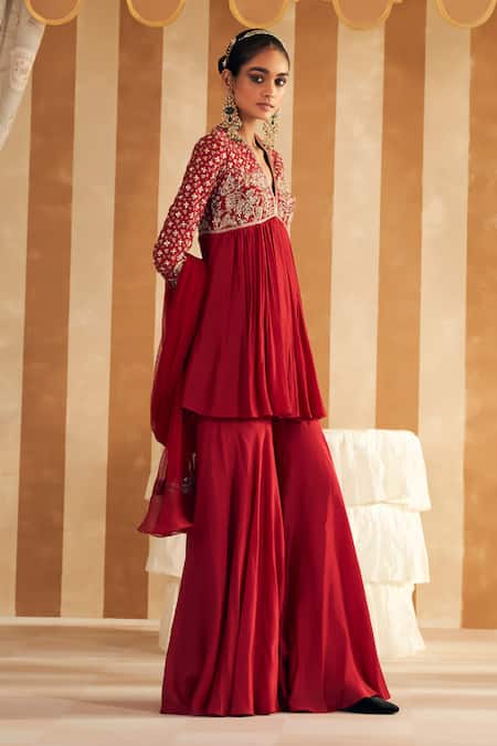Shop Ridhi Mehra Red Silk, Net Gota Patti, Pearls, Qasida Gulbahar Embroidered Short Anarkali Set Shop_Ridhi Mehra_Red Silk, Net Gota Patti, Pearls, Qasida Gulbahar Embroidered Short Anarkali Set
