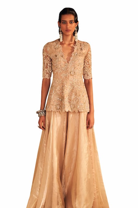 Buy_Ridhi Mehra_Gold Silk, Tissue Embroidery, Cut Mahroo Florence Peplum Kurta With Sharara _Online_at_Aza_Fashions