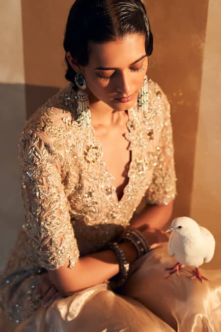 Shop_Ridhi Mehra_Gold Silk, Tissue Embroidery, Cut Mahroo Florence Peplum Kurta With Sharara _Online_at_Aza_Fashions