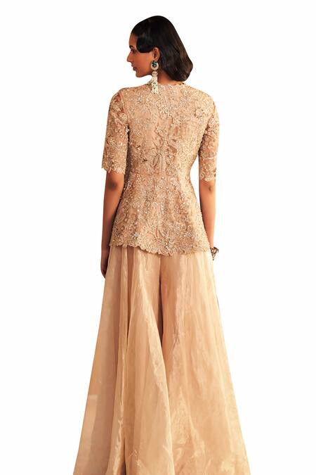 Ridhi Mehra_Gold Silk, Tissue Embroidery, Cut Mahroo Florence Peplum Kurta With Sharara _at_Aza_Fashions