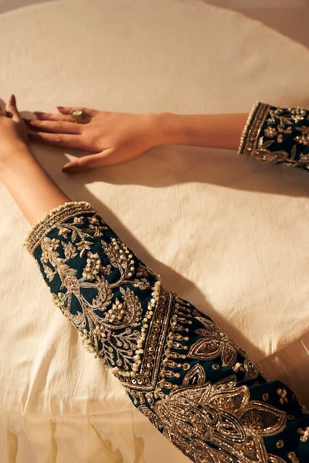 Ridhi Mehra_Green Georgette Embroidery, Gota Patti, Zeeb Mughal Bloom Jacket With Gharara _Online_at_Aza_Fashions