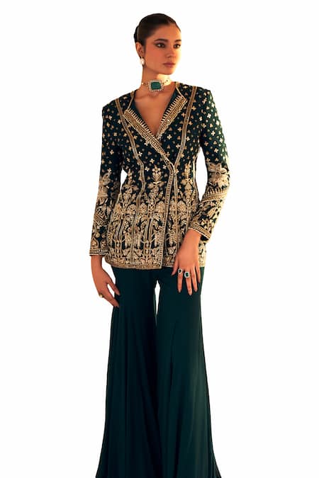 Shop_Ridhi Mehra_Green Georgette Embroidery, Gota Patti, Zeeb Mughal Bloom Jacket With Gharara _Online_at_Aza_Fashions