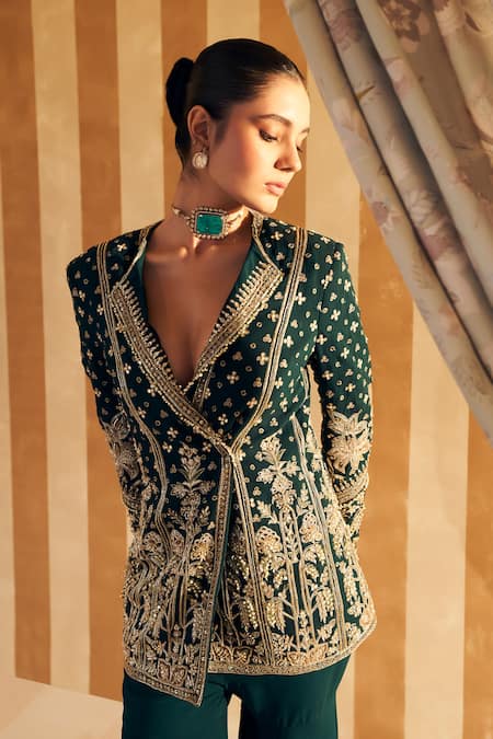 Ridhi Mehra_Green Georgette Embroidery, Gota Patti, Zeeb Mughal Bloom Jacket With Gharara _at_Aza_Fashions