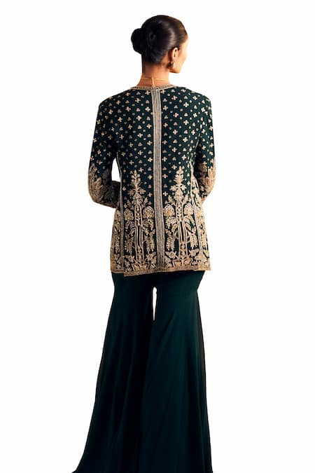Buy_Ridhi Mehra_Green Georgette Embroidery, Gota Patti, Zeeb Mughal Bloom Jacket With Gharara 