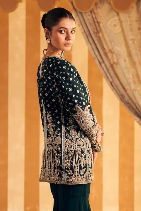 Shop_Ridhi Mehra_Green Georgette Embroidery, Gota Patti, Zeeb Mughal Bloom Jacket With Gharara 