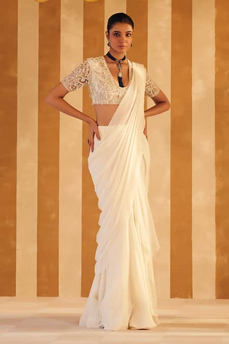 Ridhi Mehra Ivory Saree Chiffon Embroidery Pearl Naqaa Solid Pre Draped With Work Blouse 