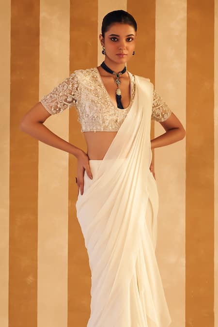 Ridhi Mehra Ivory Chiffon, Net Pearls, Naqaa Solid Pre Draped Saree With Work Blouse Online at Aza Fashions Ridhi Mehra_Ivory Chiffon, Net Pearls, Naqaa Solid Pre Draped Saree With Work Blouse _Online_at_Aza_Fashions