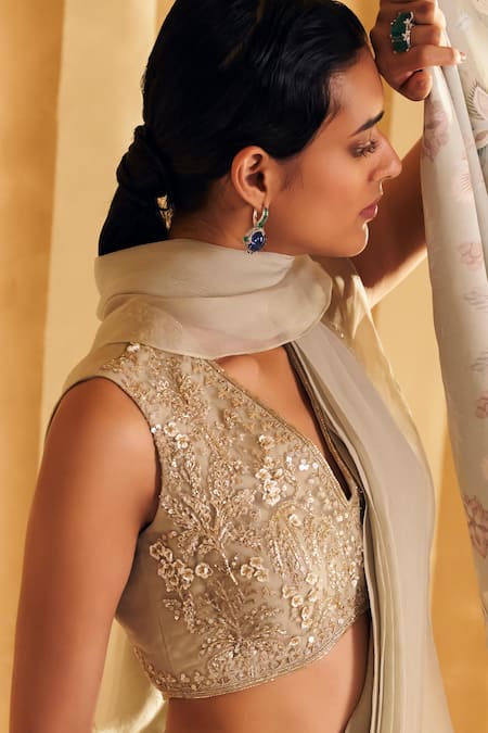 Buy_Ridhi Mehra_Silver Net, Chiffon, Organza Nafeesa Solid Pre Draped Ruffle Saree With Blouse _Online_at_Aza_Fashions