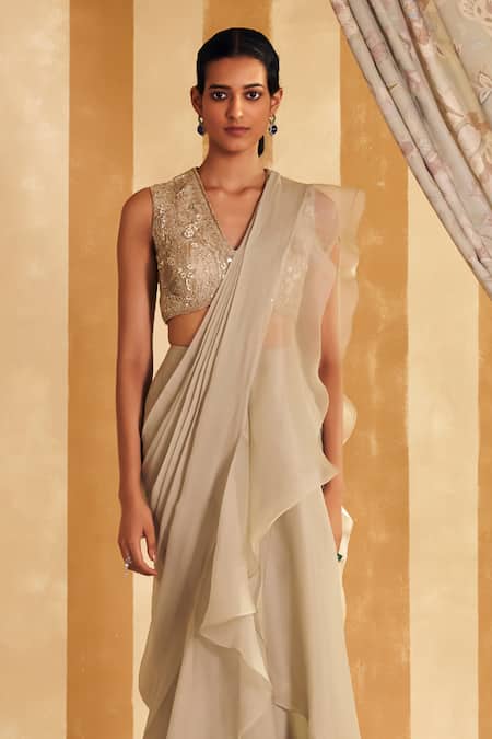 Shop_Ridhi Mehra_Silver Net, Chiffon, Organza Nafeesa Solid Pre Draped Ruffle Saree With Blouse _Online_at_Aza_Fashions