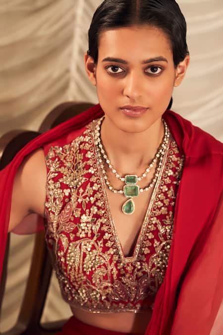 Ridhi Mehra_Red Net, Chiffon, Organza Naeem Solid Pre Draped Ruffle Saree With Blouse _Online_at_Aza_Fashions