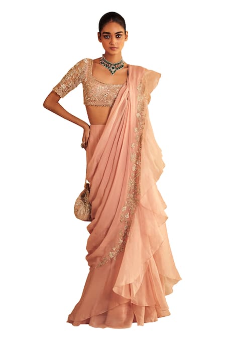 Ridhi Mehra_Pink Chiffon, Organza, Hunarban Bloom Vine Pre Draped Ruffle Saree With Blouse _Online_at_Aza_Fashions