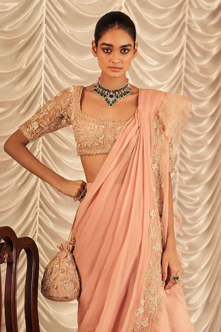 Buy_Ridhi Mehra_Pink Chiffon, Organza, Hunarban Bloom Vine Pre Draped Ruffle Saree With Blouse _Online_at_Aza_Fashions