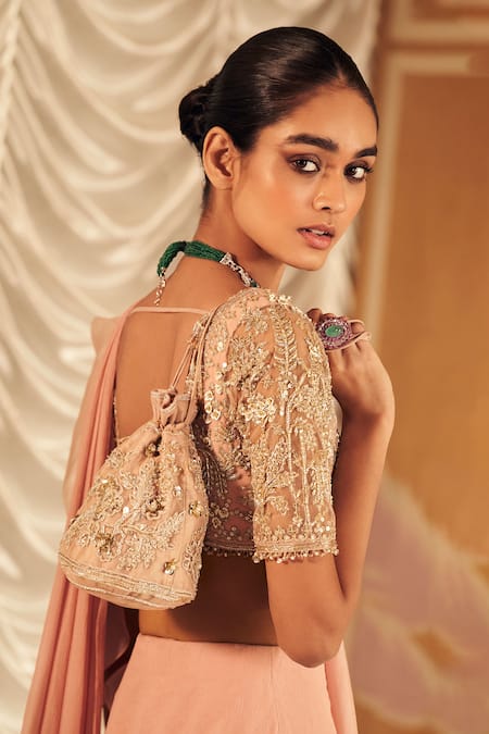 Shop_Ridhi Mehra_Pink Chiffon, Organza, Hunarban Bloom Vine Pre Draped Ruffle Saree With Blouse _Online_at_Aza_Fashions