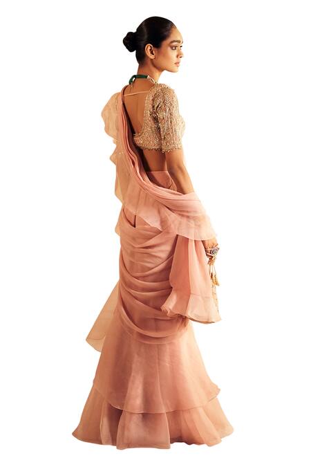 Ridhi Mehra_Pink Chiffon, Organza, Hunarban Bloom Vine Pre Draped Ruffle Saree With Blouse _at_Aza_Fashions
