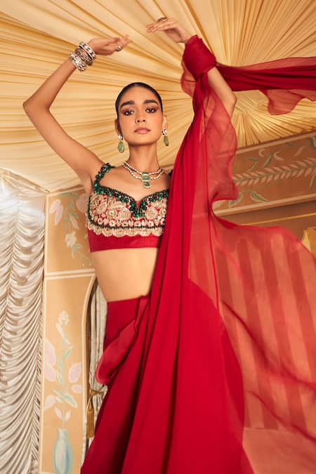Shop_Ridhi Mehra_Red Silk, Chiffon, Chashm Pre Draped Ruffled Saree With Embroidered Blouse _Online_at_Aza_Fashions