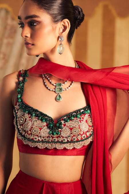 Ridhi Mehra_Red Silk, Chiffon, Chashm Pre Draped Ruffled Saree With Embroidered Blouse _at_Aza_Fashions