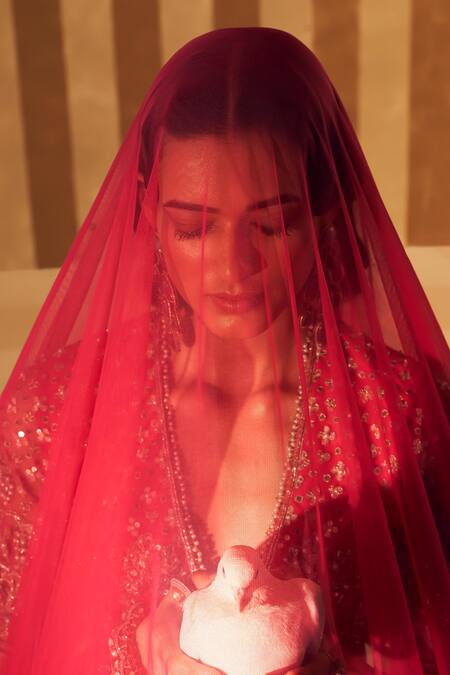 Ridhi Mehra_Pink Net, Silk Pearls, Sequins, Beads Tabeer Floral Embellished Lehenga Set _Online_at_Aza_Fashions