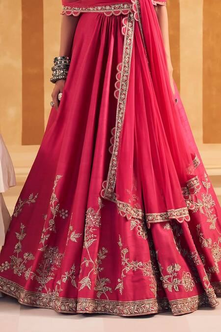 Buy_Ridhi Mehra_Pink Net, Silk Pearls, Sequins, Beads Tabeer Floral Embellished Lehenga Set _Online_at_Aza_Fashions