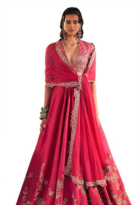 Shop_Ridhi Mehra_Pink Net, Silk Pearls, Sequins, Beads Tabeer Floral Embellished Lehenga Set _Online_at_Aza_Fashions