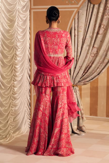 Shop_Ridhi Mehra_Fuchsia Chiffon, Net Sequins, Gulsitan Printed Floral Peplum Kurta Gharara Set _at_Aza_Fashions