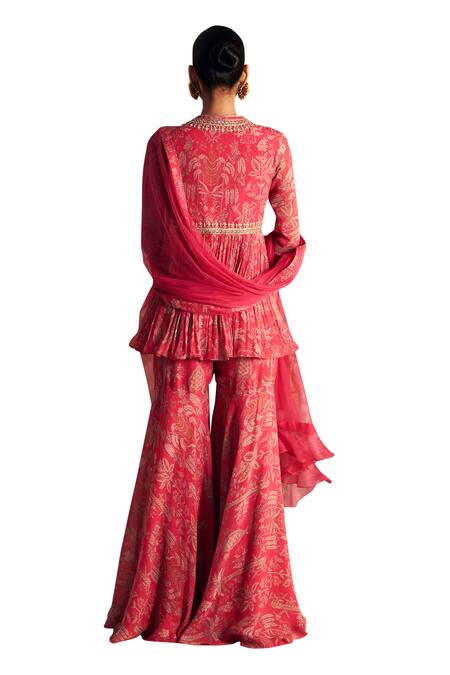 Ridhi Mehra_Fuchsia Chiffon, Net Sequins, Gulsitan Printed Floral Peplum Kurta Gharara Set _Online_at_Aza_Fashions