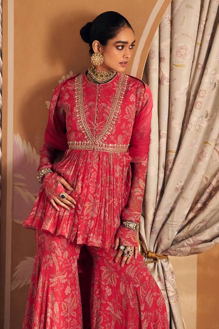 Buy_Ridhi Mehra_Fuchsia Chiffon, Net Sequins, Gulsitan Printed Floral Peplum Kurta Gharara Set _Online_at_Aza_Fashions