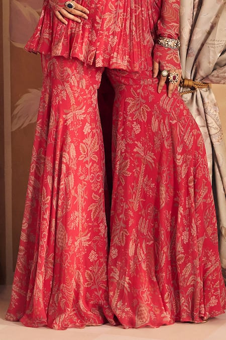 Shop_Ridhi Mehra_Fuchsia Chiffon, Net Sequins, Gulsitan Printed Floral Peplum Kurta Gharara Set _Online_at_Aza_Fashions