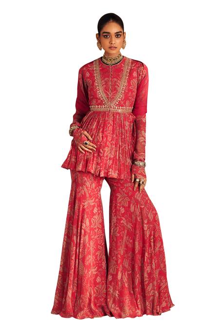 Ridhi Mehra_Fuchsia Chiffon, Net Sequins, Gulsitan Printed Floral Peplum Kurta Gharara Set _at_Aza_Fashions
