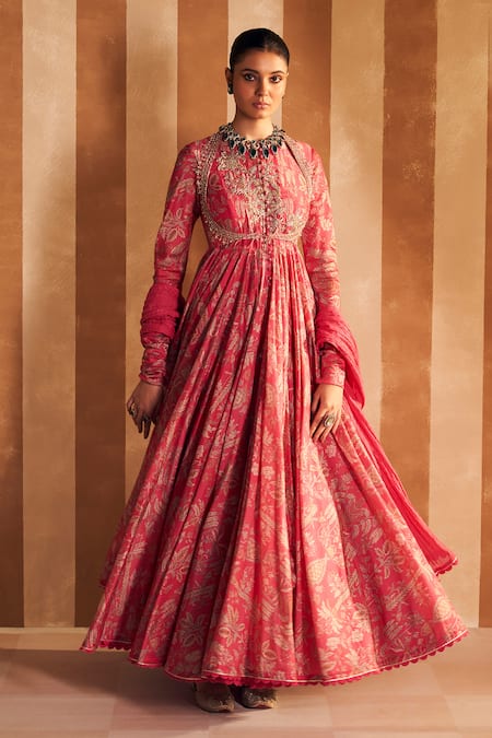 Ridhi Mehra Pink Anarkali Chanderi Embellished Sequin Yaqoob Floral Print With Dupatta 