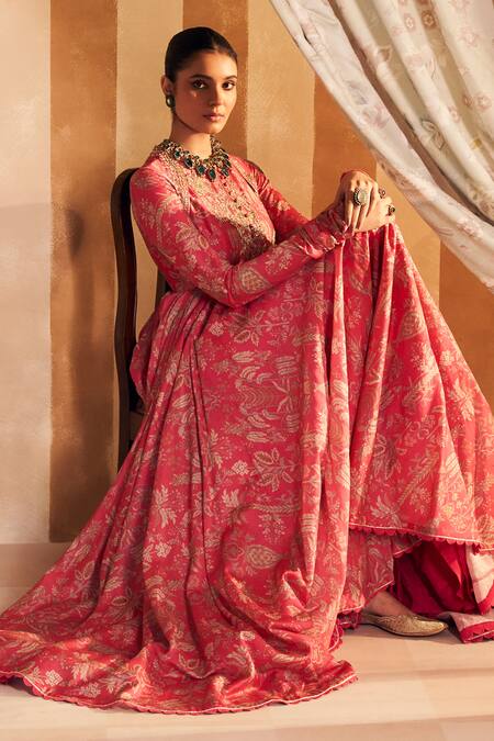 Ridhi Mehra_Pink Chanderi, Crepe Sequins, Beads Yaqoob Floral Print Anarkali With Dupatta _Online_at_Aza_Fashions