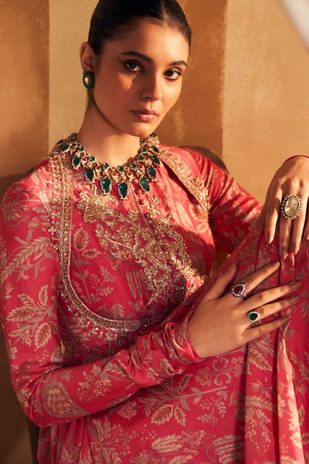 Shop_Ridhi Mehra_Pink Chanderi, Crepe Sequins, Beads Yaqoob Floral Print Anarkali With Dupatta _Online_at_Aza_Fashions