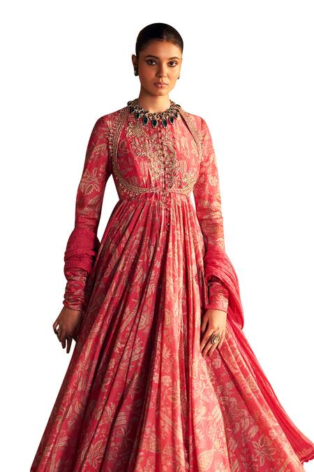 Ridhi Mehra_Pink Chanderi, Crepe Sequins, Beads Yaqoob Floral Print Anarkali With Dupatta _at_Aza_Fashions
