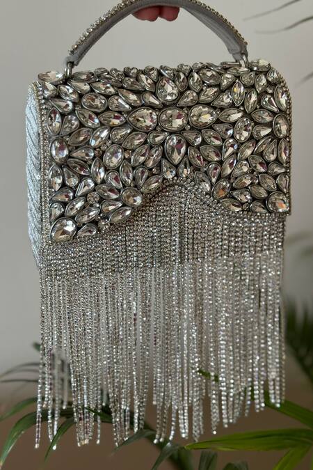 Bhavna Kumar_Silver Kundan Petal Embellished Fringed Clutch With Sling _Online_at_Aza_Fashions