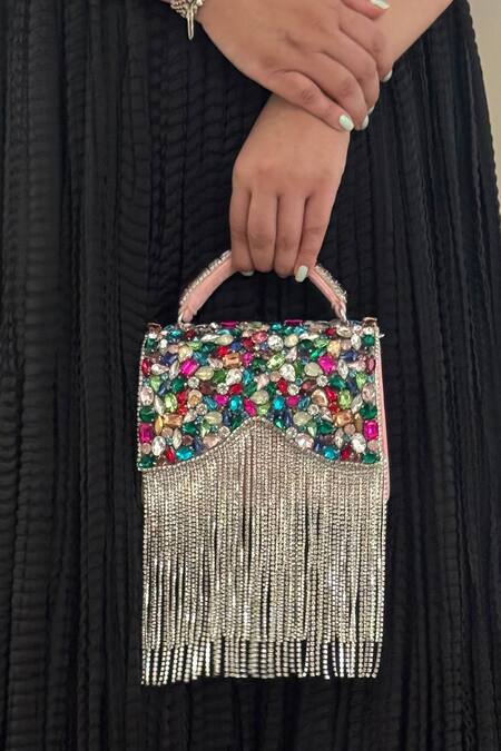 Buy_Bhavna Kumar_Silver Kundan Petal Embellished Fringed Clutch With Sling _Online_at_Aza_Fashions