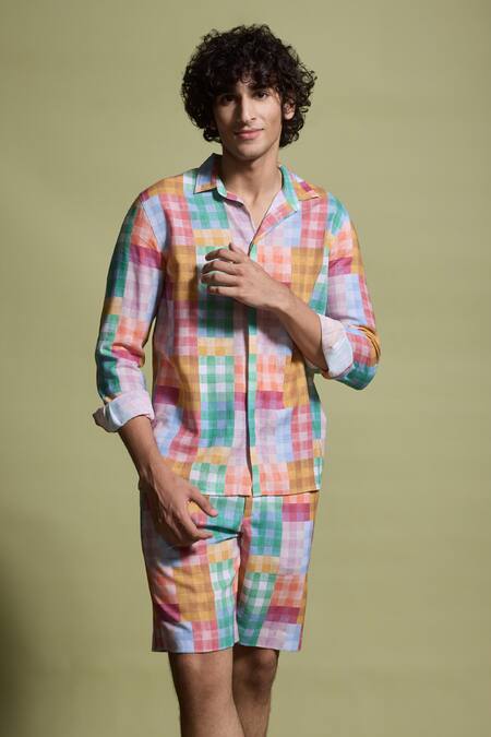 Dash And Dot Multi Color Viscose, Linen Checks Print Shirt And Shorts Co-ord Set Online at Aza Fashions Dash And Dot_Multi Color Viscose, Linen Checks Print Shirt And Shorts Co-ord Set _Online_at_Aza_Fashions