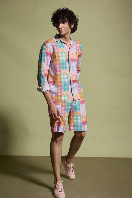 Buy Dash And Dot Multi Color Viscose, Linen Checks Print Shirt And Shorts Co-ord Set Online at Aza Fashions Buy_Dash And Dot_Multi Color Viscose, Linen Checks Print Shirt And Shorts Co-ord Set _Online_at_Aza_Fashions