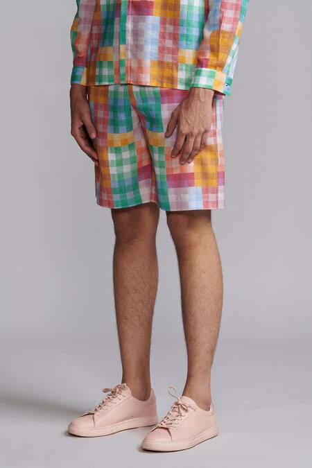 Dash And Dot Multi Color Viscose, Linen Checks Print Shirt And Shorts Co-ord Set at Aza Fashions Dash And Dot_Multi Color Viscose, Linen Checks Print Shirt And Shorts Co-ord Set _at_Aza_Fashions