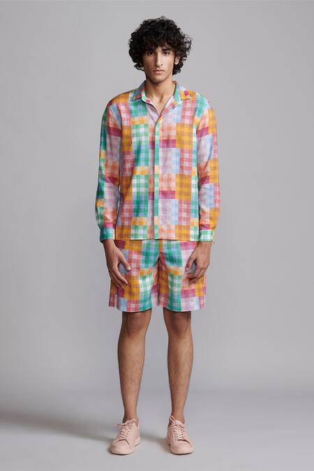 Buy Dash And Dot Multi Color Viscose, Linen Checks Print Shirt And Shorts Co-ord Set Buy_Dash And Dot_Multi Color Viscose, Linen Checks Print Shirt And Shorts Co-ord Set