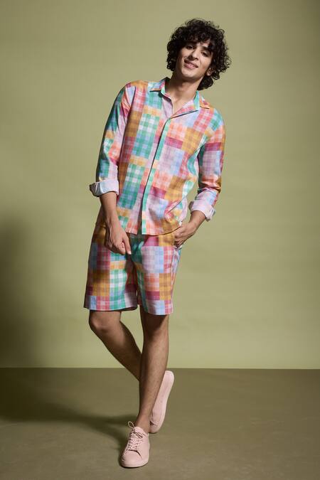 Buy_Dash And Dot_Multi Color Viscose, Linen Checks Print Shorts _Online_at_Aza_Fashions