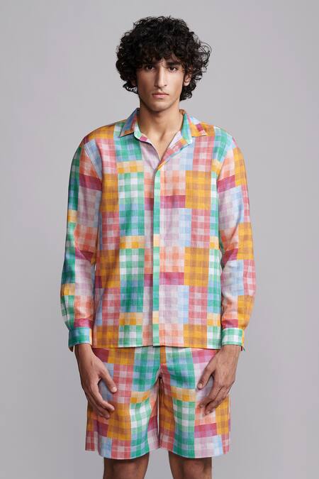 Shop_Dash And Dot_Multi Color Viscose, Linen Checks Print Shorts _Online_at_Aza_Fashions