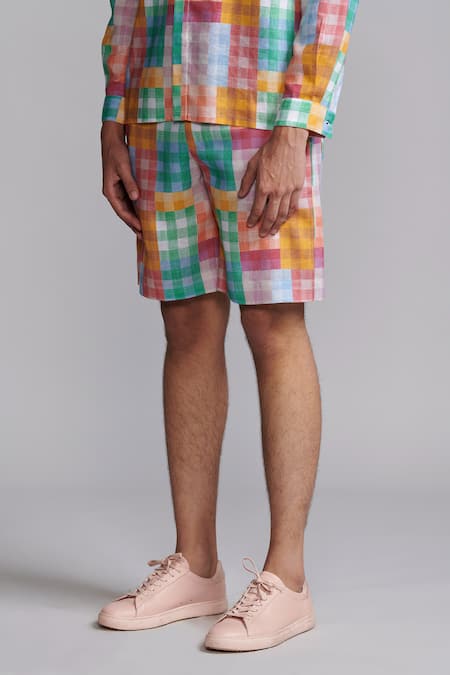 Dash And Dot_Multi Color Viscose, Linen Checks Print Shorts _at_Aza_Fashions