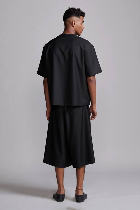 Shop_Dash And Dot_Black 58% Polyester Solid Y-neck Shirt _at_Aza_Fashions