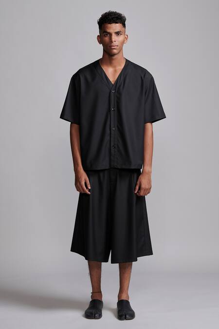 Shop_Dash And Dot_Black 58% Polyester Solid Y-neck Shirt _Online_at_Aza_Fashions