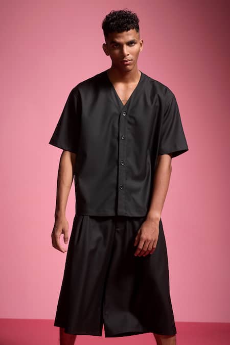 Dash And Dot_Black Lycra, Polyester, Viscose Y-neck Solid Shirt And Shorts Set _Online_at_Aza_Fashions