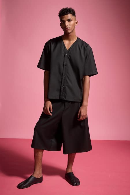 Buy_Dash And Dot_Black Lycra, Polyester, Viscose Y-neck Solid Shirt And Shorts Set _Online_at_Aza_Fashions