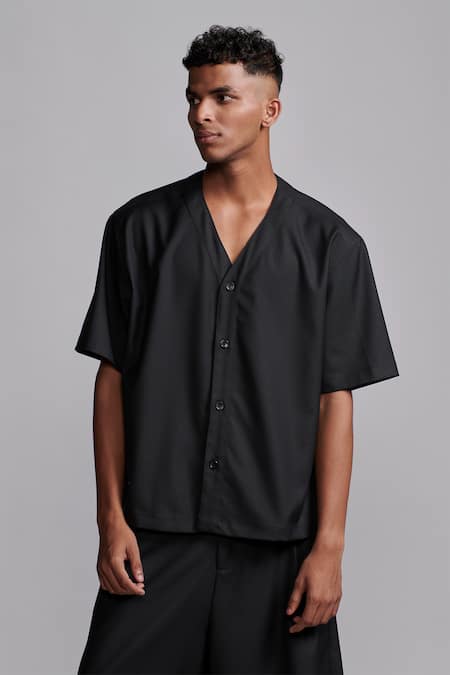 Dash And Dot_Black Lycra, Polyester, Viscose Y-neck Solid Shirt And Shorts Set _at_Aza_Fashions