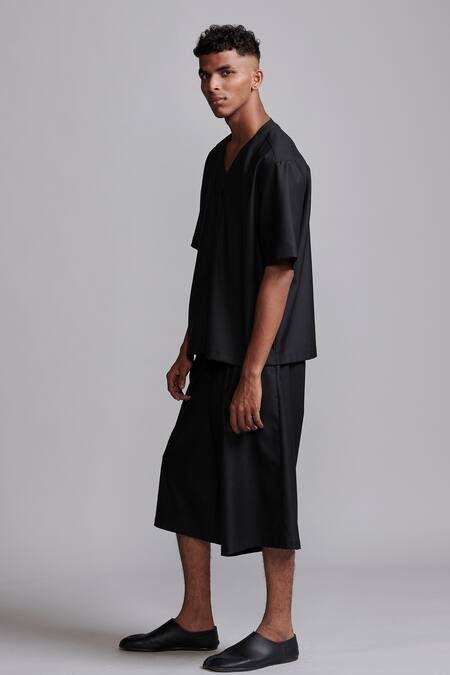 Shop_Dash And Dot_Black Lycra, Polyester, Viscose Y-neck Solid Shirt And Shorts Set 